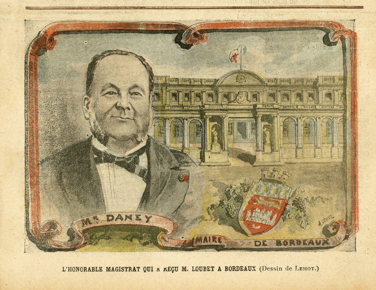 Ilustração de Achille Lemot (1846-1909) em Le Pelerin, 07/05/05 - O Honorável Magistrado que recebeu M. Loubet em Bordeaux - Arquitetura Urbanisme, Presidente da República, Bordeaux - Prefeito, Daney Alfred (1832-1911) de Achille Lemot