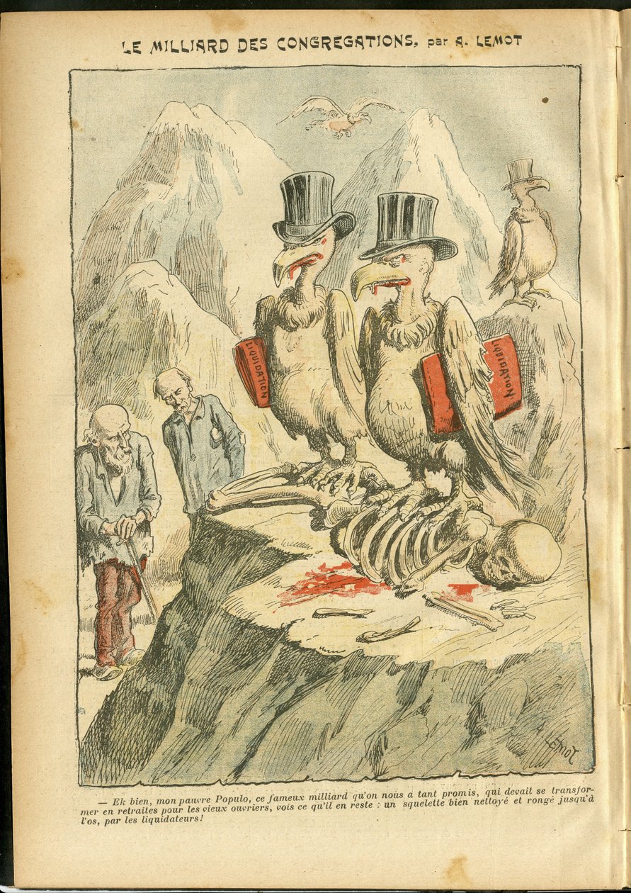 Ilustração de Achille Lemot (1846-1909) em Le Pelerin, 07/10/06 - O bilhão de Congregações - Fé Religiosa, Catolicismo Católico - Bilhões de Congregações - Abutre de Achille Lemot