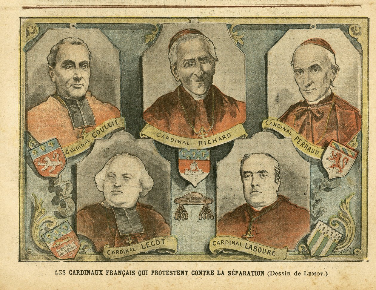 Ilustração de Achille Lemot (1846-1909) em Le Pelerin, 09/04/05 - Cardeais franceses que protestam contra a separação - Fé religiosa, catolicismo - Separação da Igreja e do Estado - Richard Mgr (1819-1908), Perraud Cardinal (1828-1906), Lecot Cardi de Achille Lemot