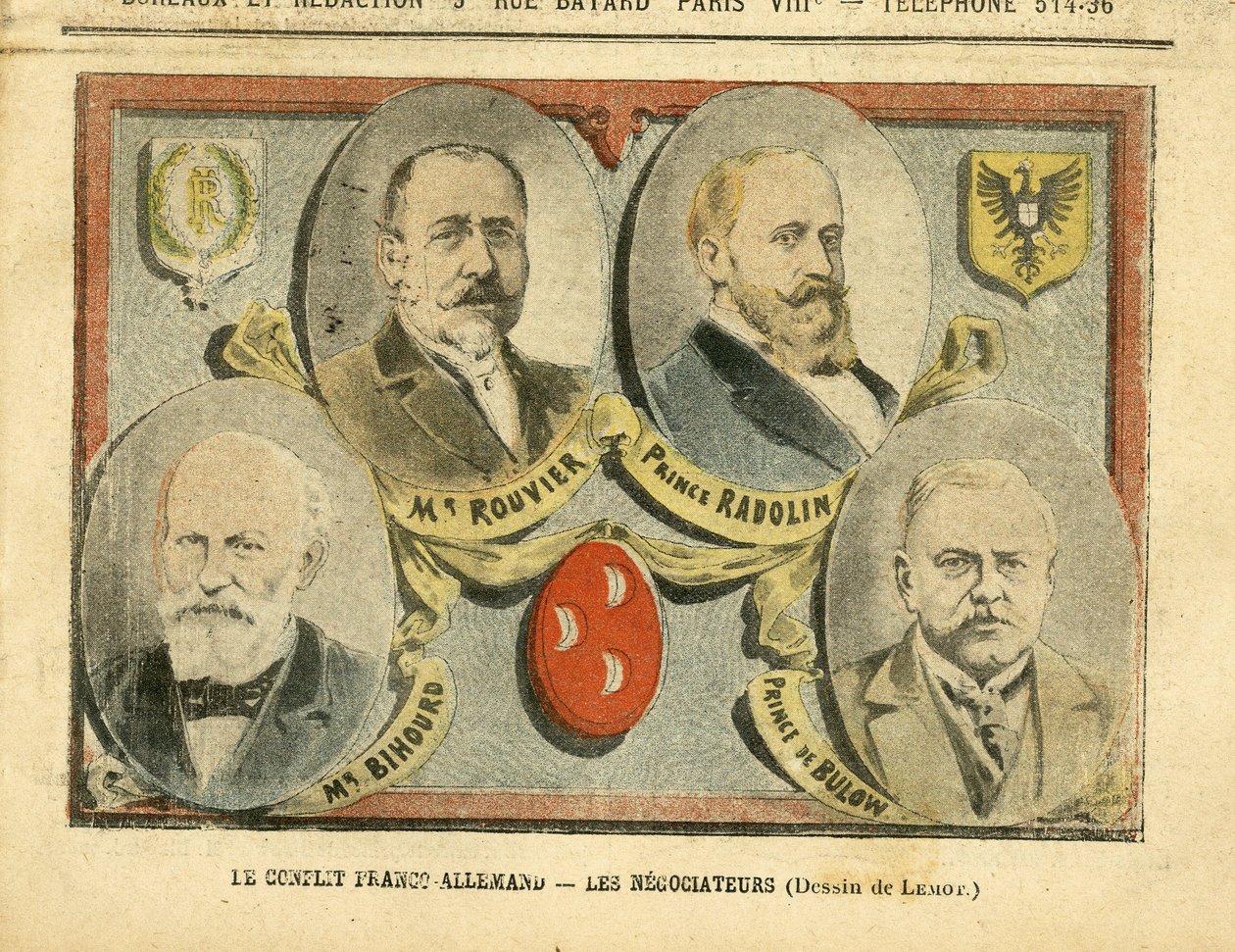 Ilustração de Achille Lemot (1846-1909) em Le Pelerin, 09/07/05 - O conflito franco-alemão os negociadores - Colonização Colónias Colonialistas, Alemanha Prússia, Marrocos, França, Tânger - Rouvier Maurice (1842-1911), Bulow Bernhard von (1849-1929), Rad de Achille Lemot
