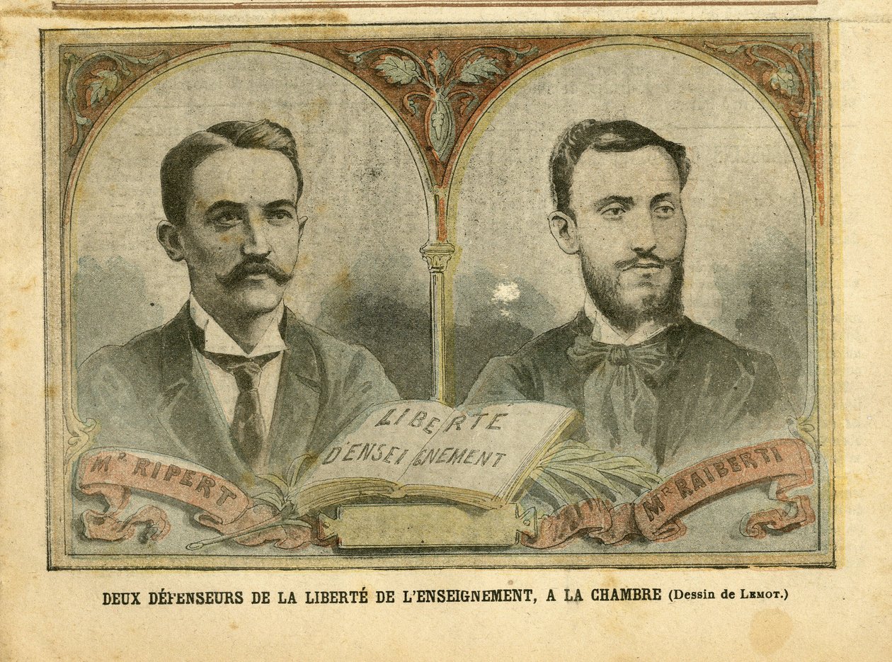 Ilustração de Achille Lemot (1846-1909) em Le Pelerin, 20/03/04 - Dois Defensores da Liberdade de Educação - Ensino, Fé Religiosa, Catolicismo Católico - Liberdade de Educação - Ripert Jean-Baptiste (1870-1958), Raiberti Flaminus (1862-1929) de Achille Lemot