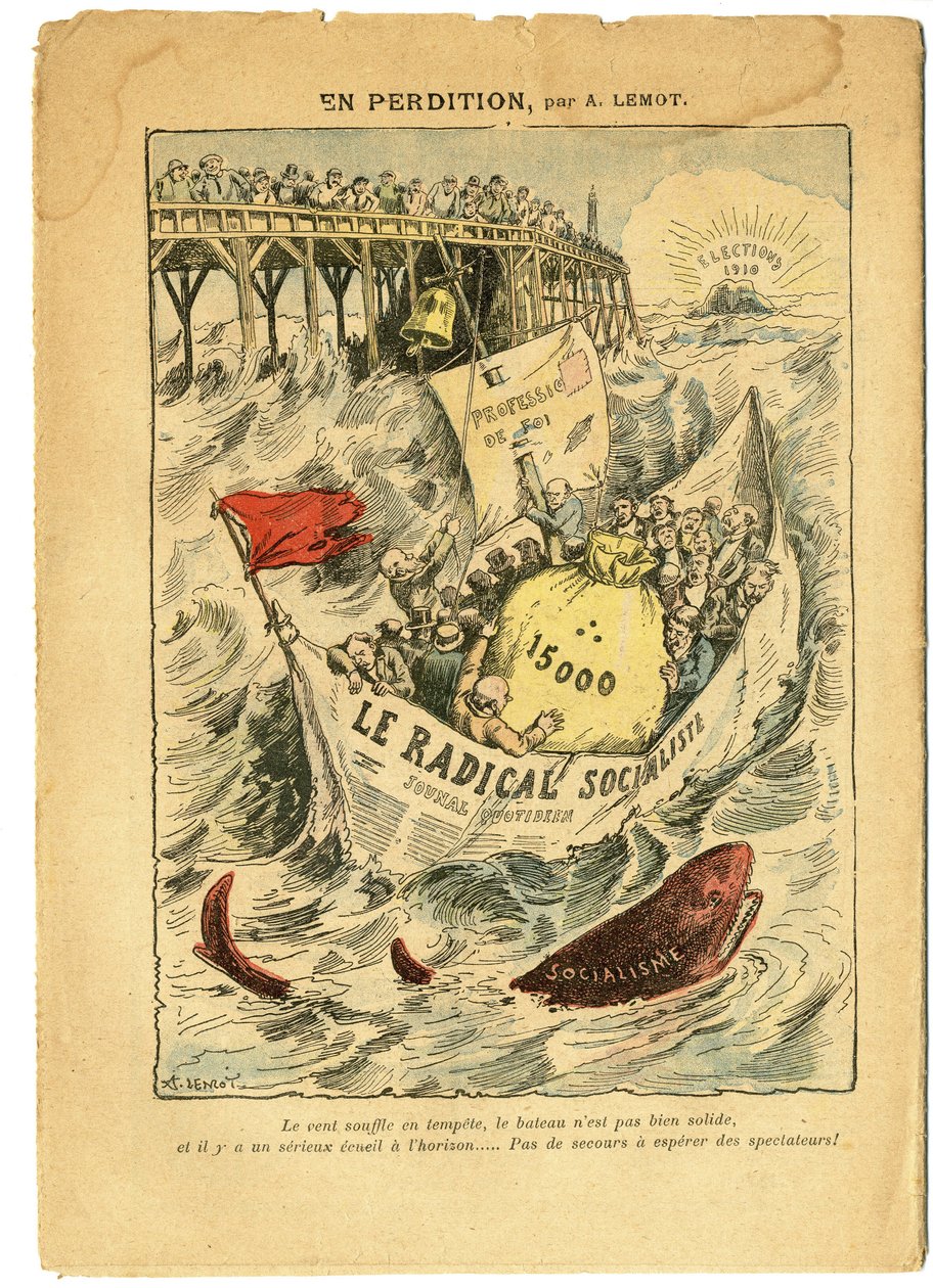 Ilustração de Achille Lemot (1846-1909) em Le Pelerin, 20/06/09 - Em perdição - Radicalismo, Eleições, Antimaconismo Freemaking, Marítimo Marinho, Quinze mil, Indenizações Parlamentares, Partido Socialista Radical e Radical - Peixes, Tubarão - Ani de Achille Lemot