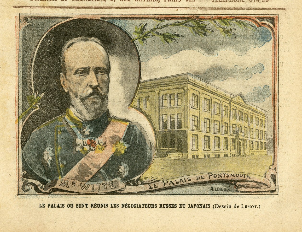 Ilustração de Achille Lemot (1846-1909) em Le Pelerin, 20/08/05 - O Palácio onde se reúnem negociadores russos e japoneses - Rússia, Japão, Guerra Rússia-Japonesa, Portsmouth - Witte Serge (1849-1915) de Achille Lemot