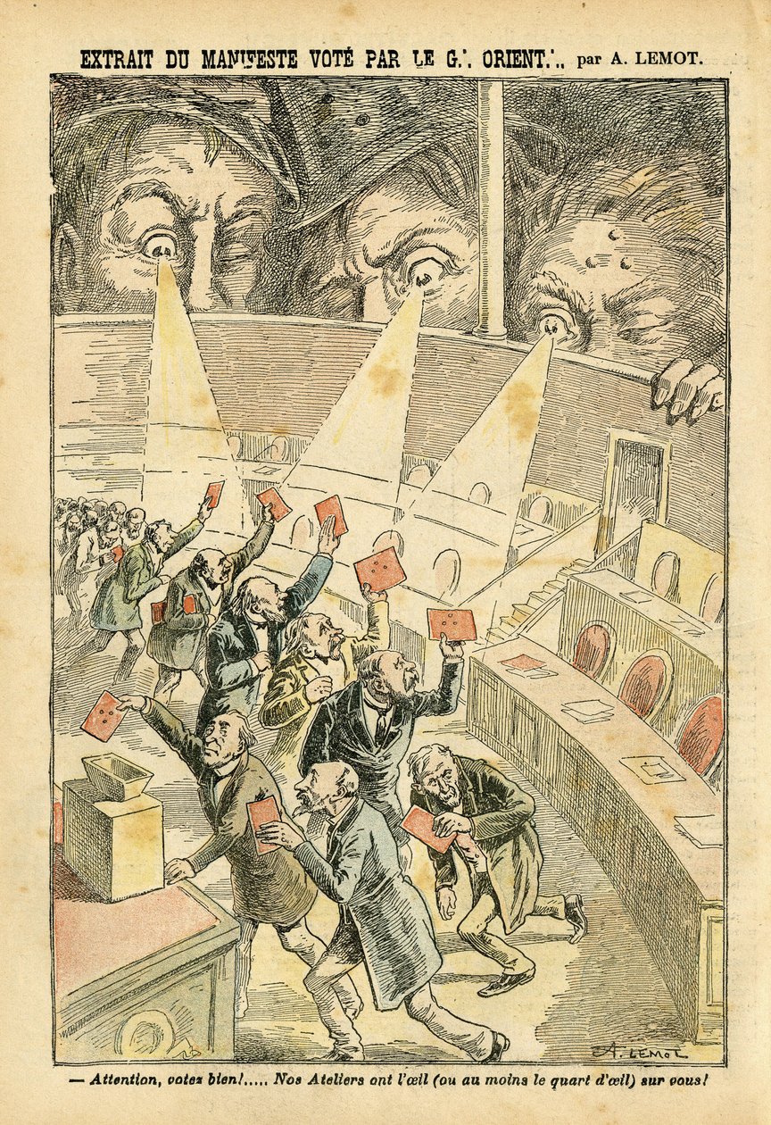 Ilustração de Achille Lemot (1846-1909) em Le Pelerin, 20/11/04 - Extracto do manifesto de voto do Grande Oriente - Antimaconismo Freemaking, Grande Oriente de França - Urna de Achille Lemot