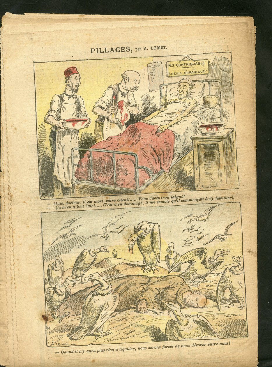 Ilustração de Achille Lemot (1846-1909) em Le Pelerin, 21/02/09 - Pílulas - Medicina, Religião, Fé, Tributação, Catolicismo Católico - Laicização Laicite Laiques, Congregações - Abutre, Medicina, Contribuinte, Monges de Achille Lemot
