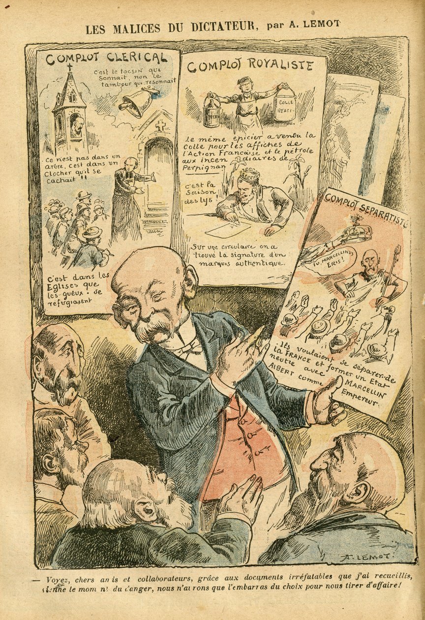 Ilustração de Achille Lemot (1846-1909) em Le Pelerin, 21/07/07 - As Malícias da Conspiração Clerical Ditadura Conspiração Realista Conspiração Separatista - Royalism, Religion Faith, Left Bloc, Catholic Catholicism - Clemenceau George de Achille Lemot