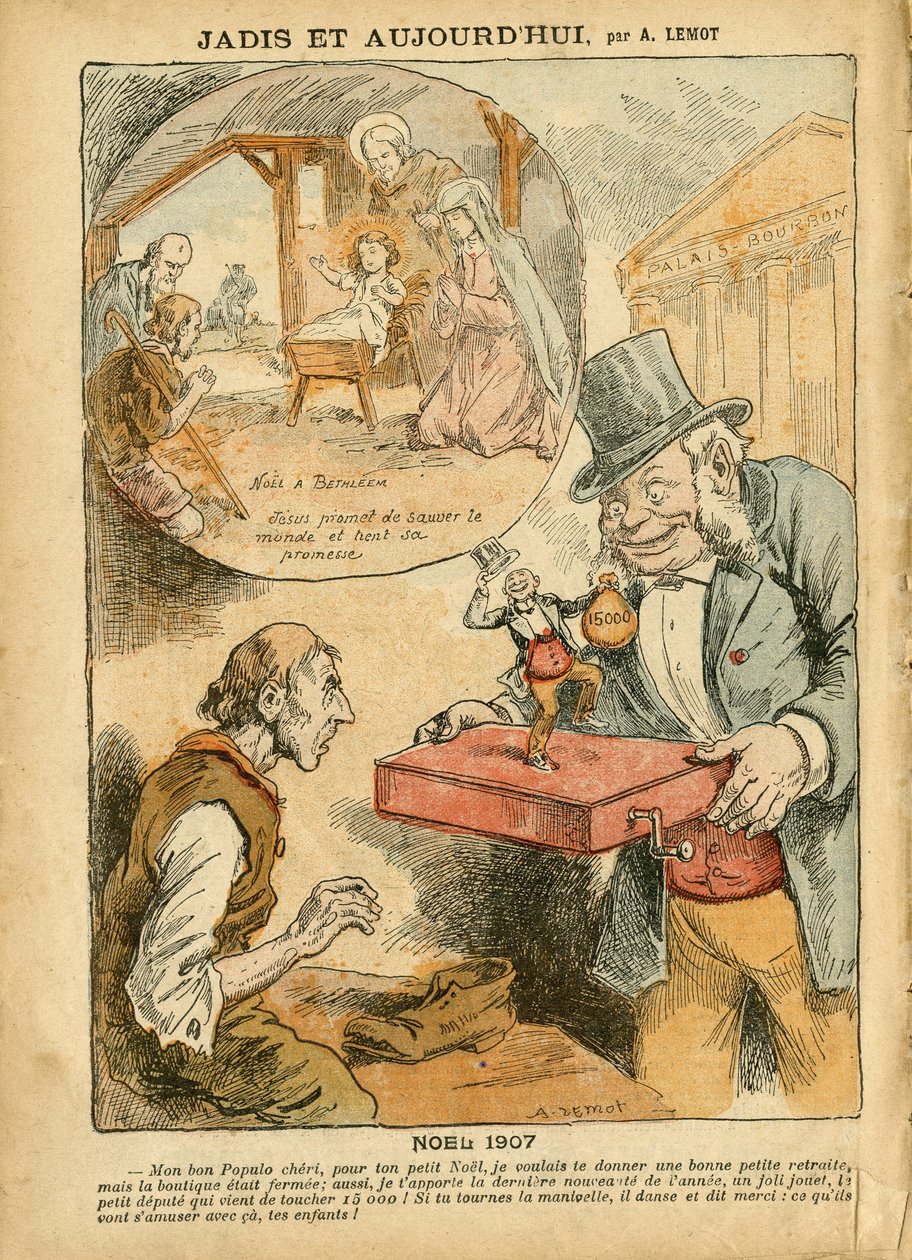 Ilustração de Achille Lemot (1846-1909) em Le Pelerin, 22/12/07 - Antigo e Hoje - Aposentadoria dos Aposentados, Antiparlamentarismo, Fé Religiosa, Noel, Câmara dos Deputados Hemiciclo dos Deputados, Quinze mil, Indenizações Parlamentares, Católico Católic de Achille Lemot