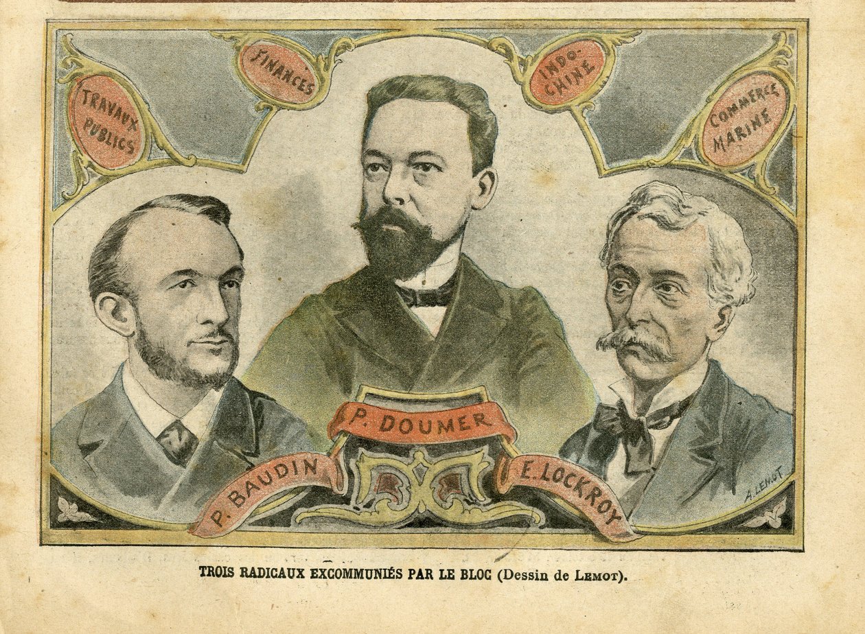 Ilustração de Achille Lemot (1846-1909) em Le Pelerin, 23/10/04 - Três excomunhões radicais do Bloco - Finanças Orçamentárias, Presidente da República, Náutica Marítima Balneaire, Bloco das esquerdas, Indochina, Obras Públicas - Doumer Paul (1857-1932), de Achille Lemot