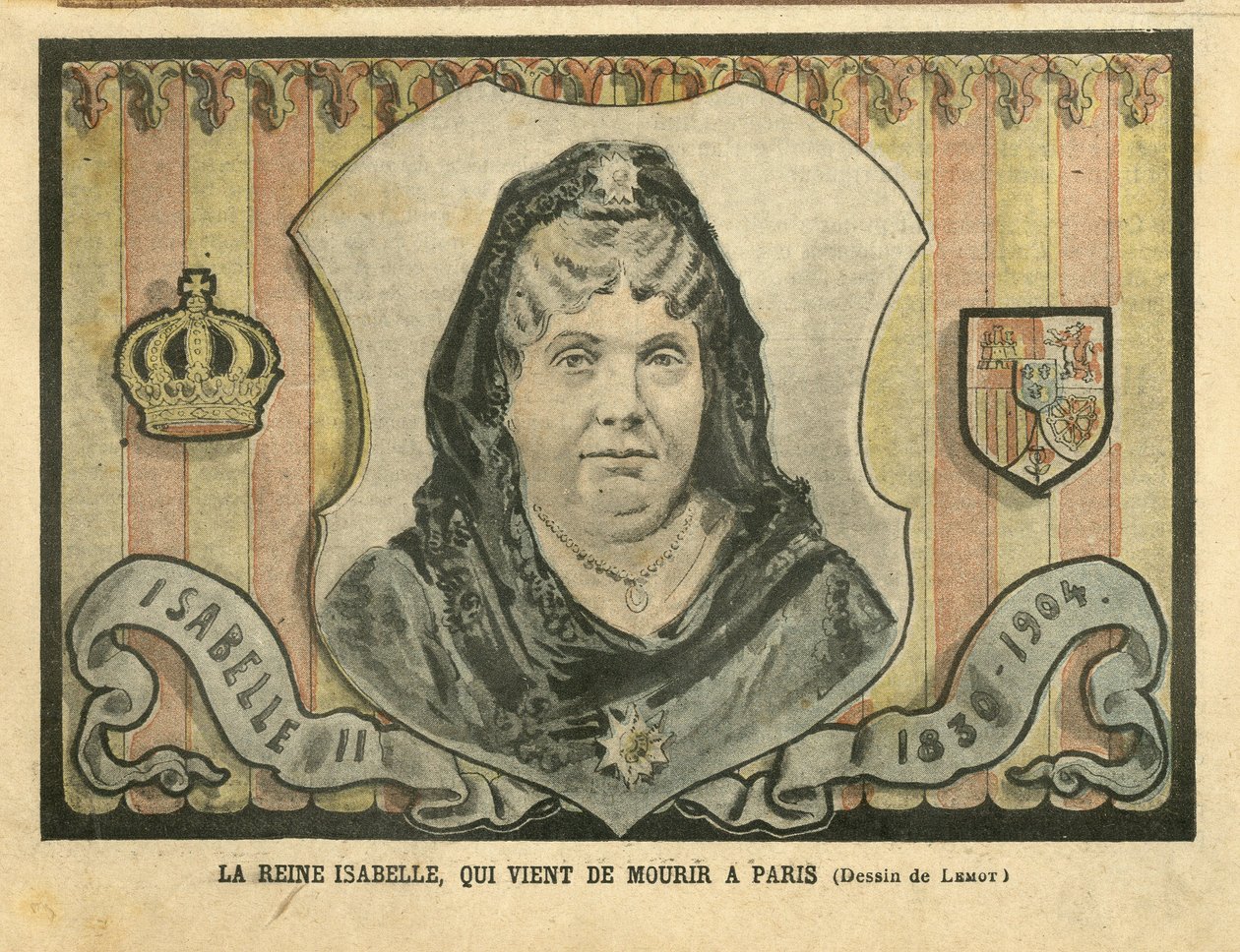 Ilustração de Achille Lemot (1846-1909) em Le Pelerin, 24/04/04 - Rainha Isabelle, que acaba de morrer em Paris - Paris, Espanha, Monarquia, Soberana Estrangeira - Isabella II da Espanha (1830-1904) de Achille Lemot