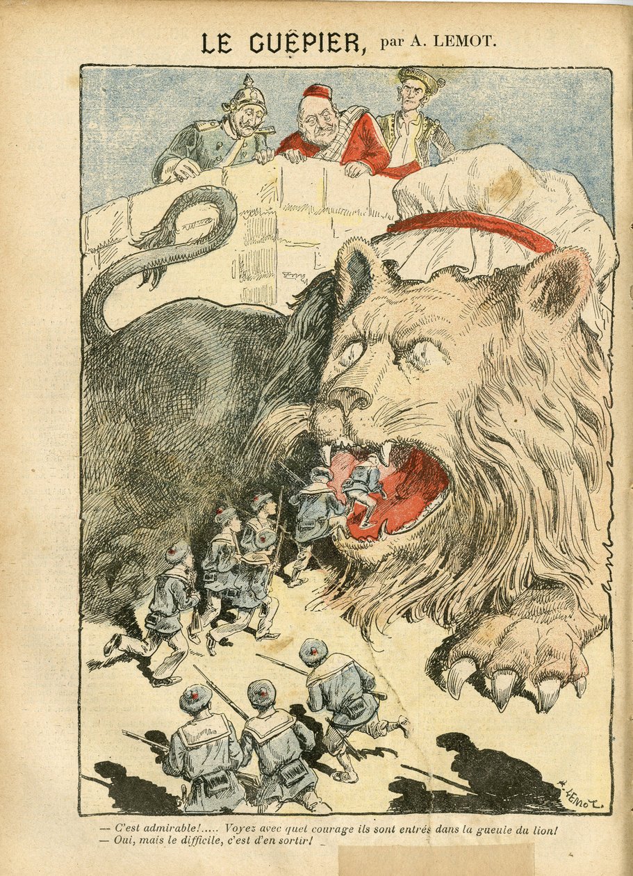 Ilustração de Achille Lemot (1846-1909) em Le Pelerin, 25/08/07 - Le Guepier - Guerra, Alemanha Prússia, Inglaterra, Grã-Bretanha, Espanha, Marinha de Guerra - Leão/Tigre de Achille Lemot