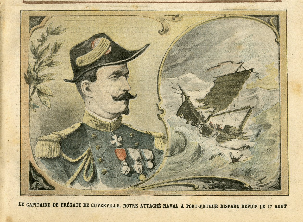 Ilustração de Achille Lemot (1846-1909) em Le Pelerin, 25/09/04 - O capitão da fragata de Cuverville, nosso apego naval a Port-Arthur desapareceu desde 17 de agosto - Armee, Maritime Nautique Balneaire, Port-Arthur, Naufrage - De Cuverville de Achille Lemot