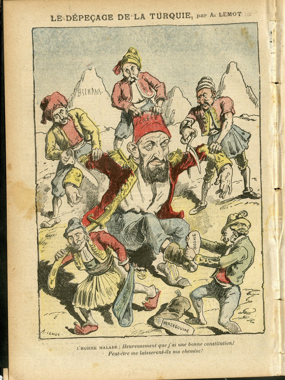 Ilustração de Achille Lemot (1846-1909) em Le Pelerin, 25/10/08 - A depecagem da Turquia - Turquia, Fé religiosa, Balcãs, Bulgária, Bósnia Herzegóvina, Creta, Catolicismo católico - Abdul-Hamid II (1842-1918) de Achille Lemot