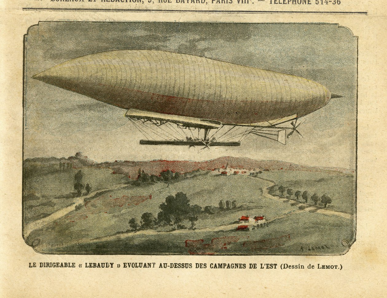 Ilustração de Achille Lemot (1846-1909) em Le Pelerin, 26/11/05 - O dirigível "Lebaudy" evoluindo sobre a zona rural oriental - Campanha, Aeronave Balões zeppelins aerostation, Lebaudy de Achille Lemot