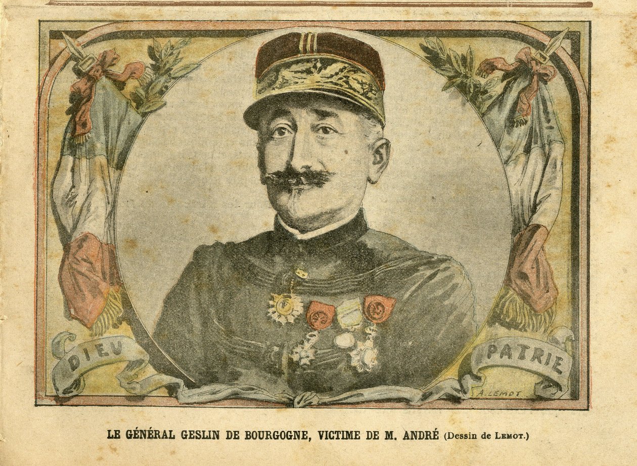 Ilustração de Achille Lemot (1846-1909) em Le Pelerin, 27/03/04 - General Geslin de Borgonha, vítima do Sr. André - Armee, Caso das cartas - Andre Louis, General Generaux, Jules Henri Geslin de Borgonha (1812-1897) de Achille Lemot