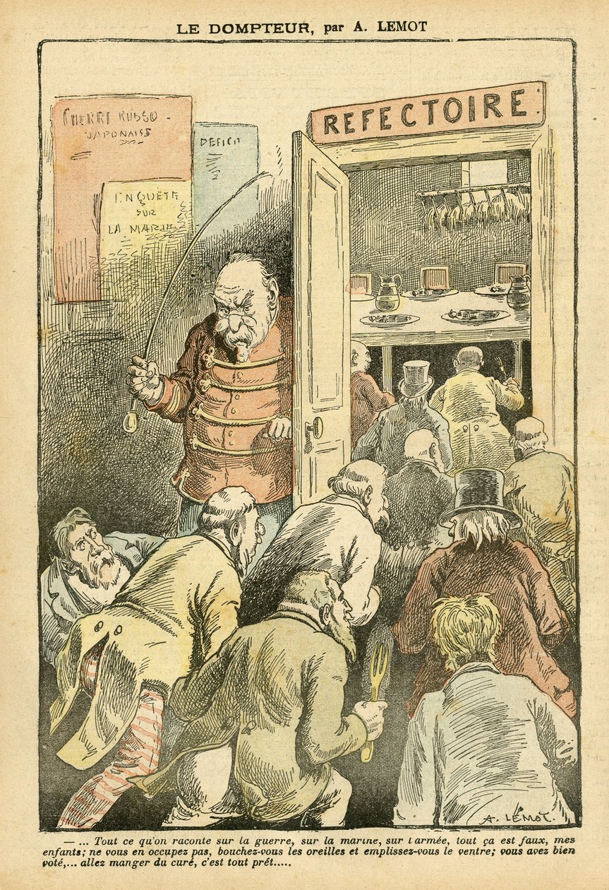 Ilustração de Achille Lemot (1846-1909) em Le Pelerin, 27/03/04 - O domador - Restaurante Cafés, Cozinheiro Gastronômico - Combes Emile (1835-1921), Tamer - Metáfora Alimentar de Achille Lemot