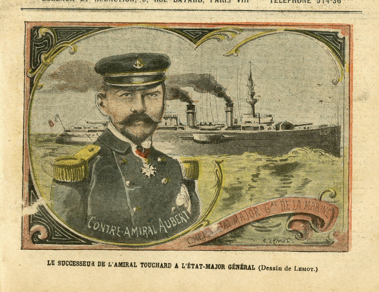 Ilustração de Achille Lemot (1846-1909) em Le Pelerin, 27/08/05 - O sucessor do Almirante Touchard no Estado-Maior General - Armee, Marine Marine Balneaire, Estado-Maior, Navios de Guerra - Almirantes Almirantes, Aubert Marie Jacques Charles (1848-1915), T de Achille Lemot