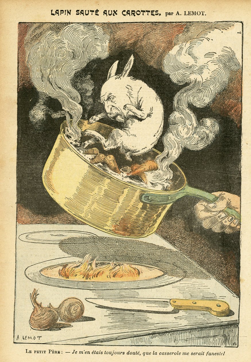 Ilustração de Achille Lemot (1846-1909) em Le Pelerin, 29/01/05 - Jumte de coelho com cenoura - Affaire des fiche, Gastronomie cuisine - Combes Emile (1835-1921), Coelho - Saucepan - Metáfora alimentar, Animalisation de Achille Lemot