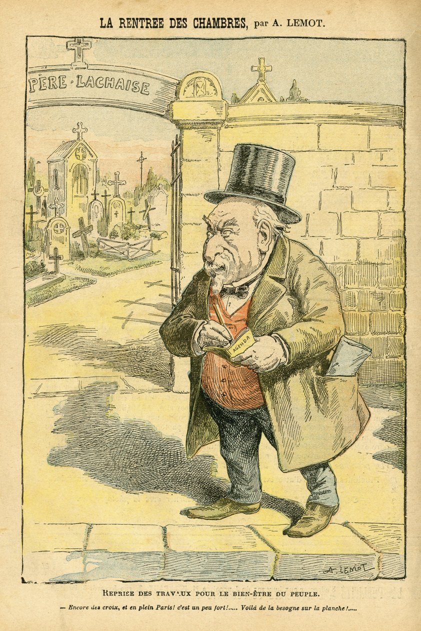 Ilustração de Achille Lemot (1846-1909) em Le Pelerin, 29/05/04 - La rentree des rooms - Religion Faith, Cemetery, Bloc des lefches, Mourning Obseques Funerailles, Pere Lachaise, Catholic Catholicism - Laicização do espaço religioso, Laicite Laiques de Achille Lemot