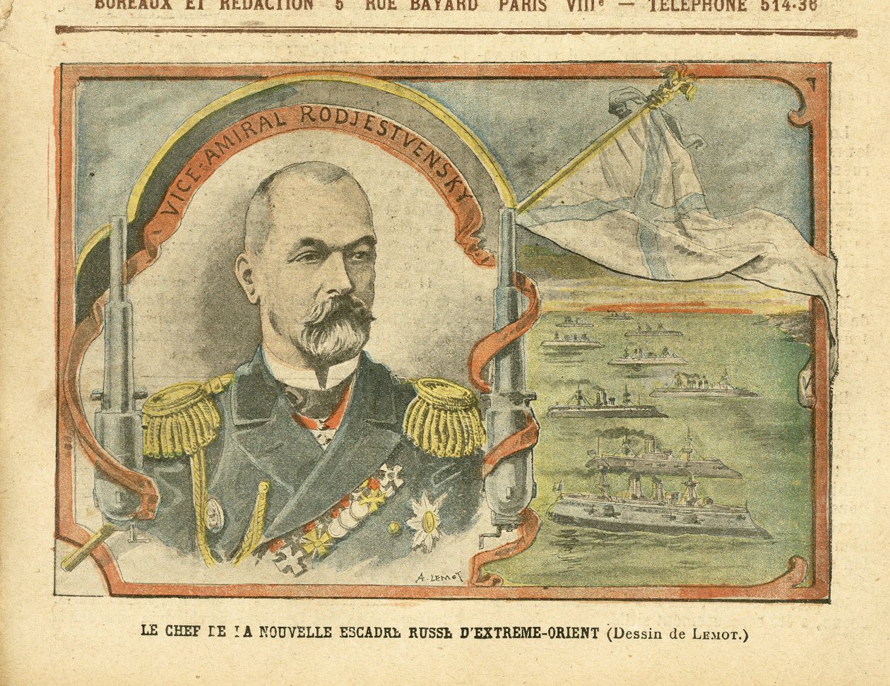 Ilustração de Achille Lemot (1846-1909) em Le Pelerin, 30/04/05 - O líder do novo esquadrão russo do Extremo Oriente - Rússia, Armee, Marinha do Mar, Navios de Guerra - Almirantes Almirantes, Rodjestvensky (Zinovi Rozhestvensky de Achille Lemot