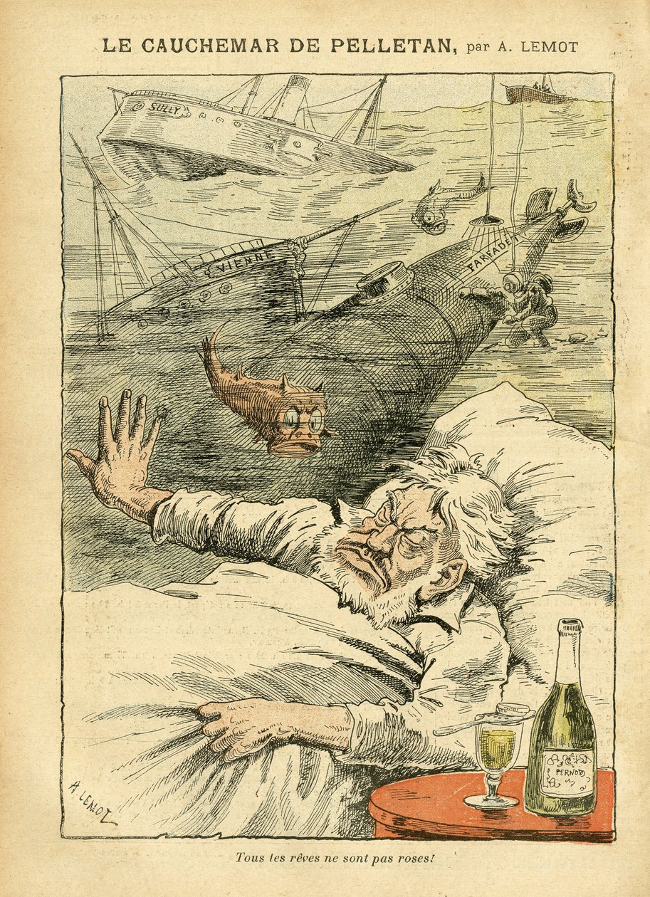 Ilustração de Achille Lemot (1846-1909) em Le Pelerin, 30/07/05 - O Pesadelo de Pelletan - Vários Fatos, Armee, Marinha Marinha Marinha, Submarino, Acidentes de Desastre, Alcoólicos Alcoólicos Alcoólicos, Farfadet, Sully, Navios de Guerra - Peixes, Pelleta de Achille Lemot