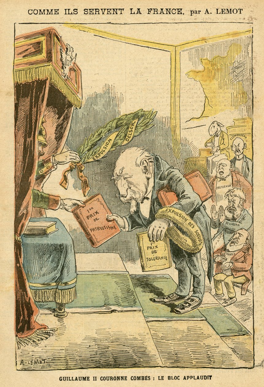 Ilustração de Achille Lemot (1846-1909) em Le Pelerin, 31/01/04 - Como eles servem França - Alemanha Prússia, Religião Fé, Bloco de Esquerda, Patriotismo, Catolicismo Católico - Despejos de Religiosos - Combes Emile (1835-1921), William II, Delsor Nicolas  de Achille Lemot