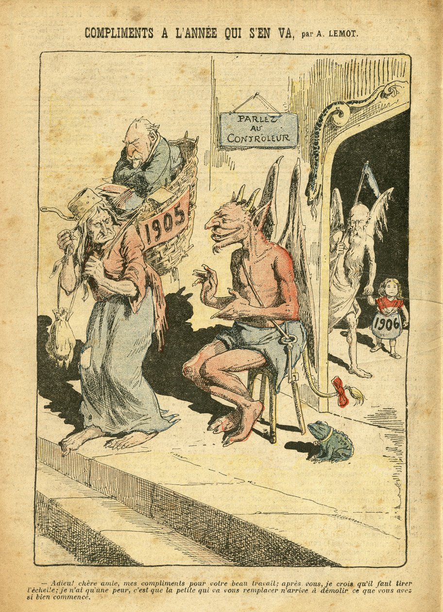 Ilustração de Achille Lemot (1846-1909) em Le Pelerin, 31/12/05 - Elogios do ano que vai embora - Religion Faith, Catholic Catholicism - Combes Emile (1835-1921), Devil, Time (Alegoria do) de Achille Lemot
