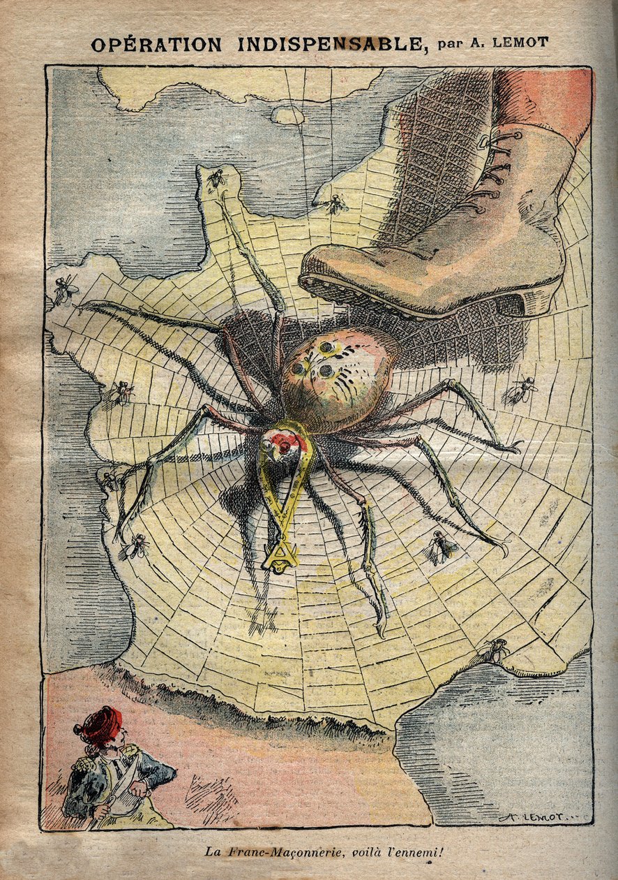 Operação indispensável - Franc Maconnerie, aqui está o inimigo! - Desenho animado Achille Lemot em "Le-Pelerin" de Abril de 1907 de Achille Lemot