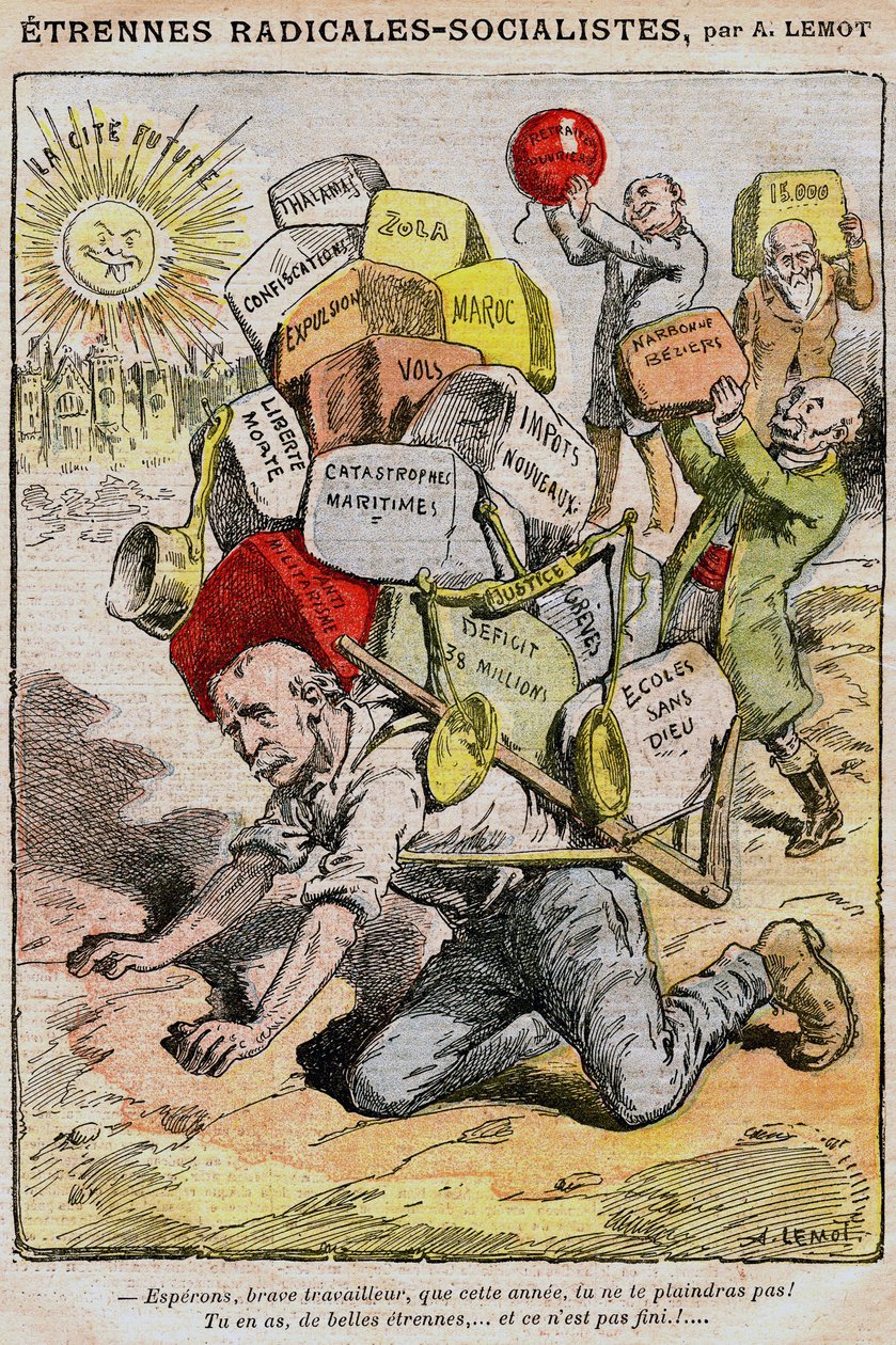 Radical-Socialistas (radicais socialistas): desenho animado de Achille Lemot (1846-1909) em Le Pelerin (1909) - um trabalhador cai sob a carga de impostos, impostos e inconvenientes resultantes da má gestão do governo e de Georges Clemenceau - greves, d de Achille Lemot