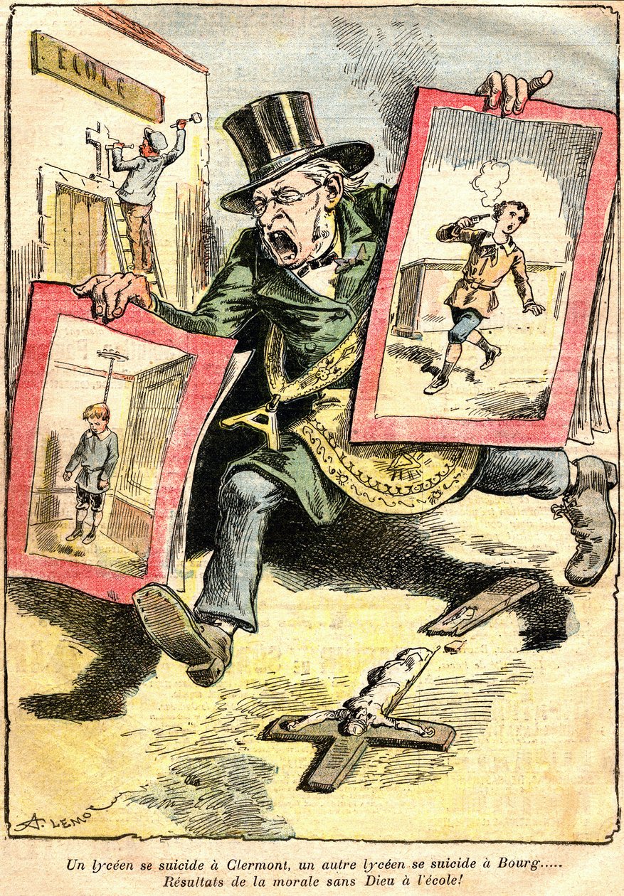 Os resultados: um suicídio de Lyceen em Clermont, outro em Bourg: resultados de moralidade sem Deus na escola! - Cartoon de Achille Lemot (1846-1909) em Le Pelerin (1909) - oposição de Laique e do ensino religioso (católico) - um oficial da República teceu de Achille Lemot