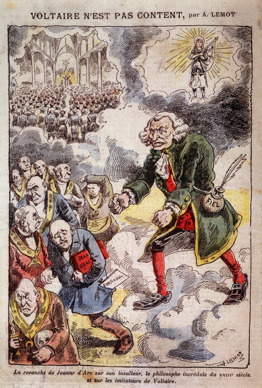 Voltaire não está satisfeito com Achille Lemot (1846-1909) - Caricatura nos Francos Macon - em "Pelerin" 25/04/1909 (gravura) de Achille Lemot