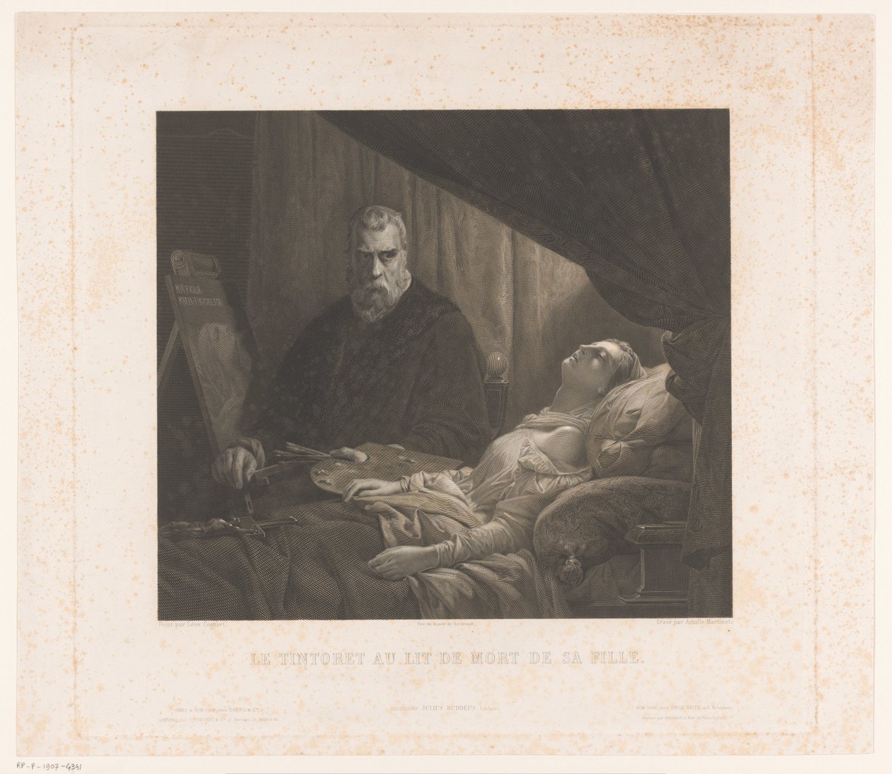 Il Tintoretto retrata a sua filha no seu leito de morte
Le Tintoret au lit de mort de sa fille (título sobre o objecto) de Achille Louis Martinet