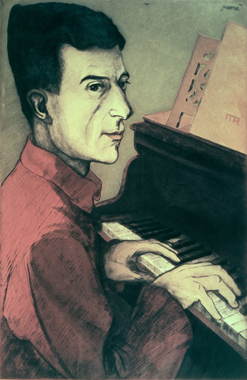 Retrato de Maurice Ravel tocando o piano de Achille Ouvré