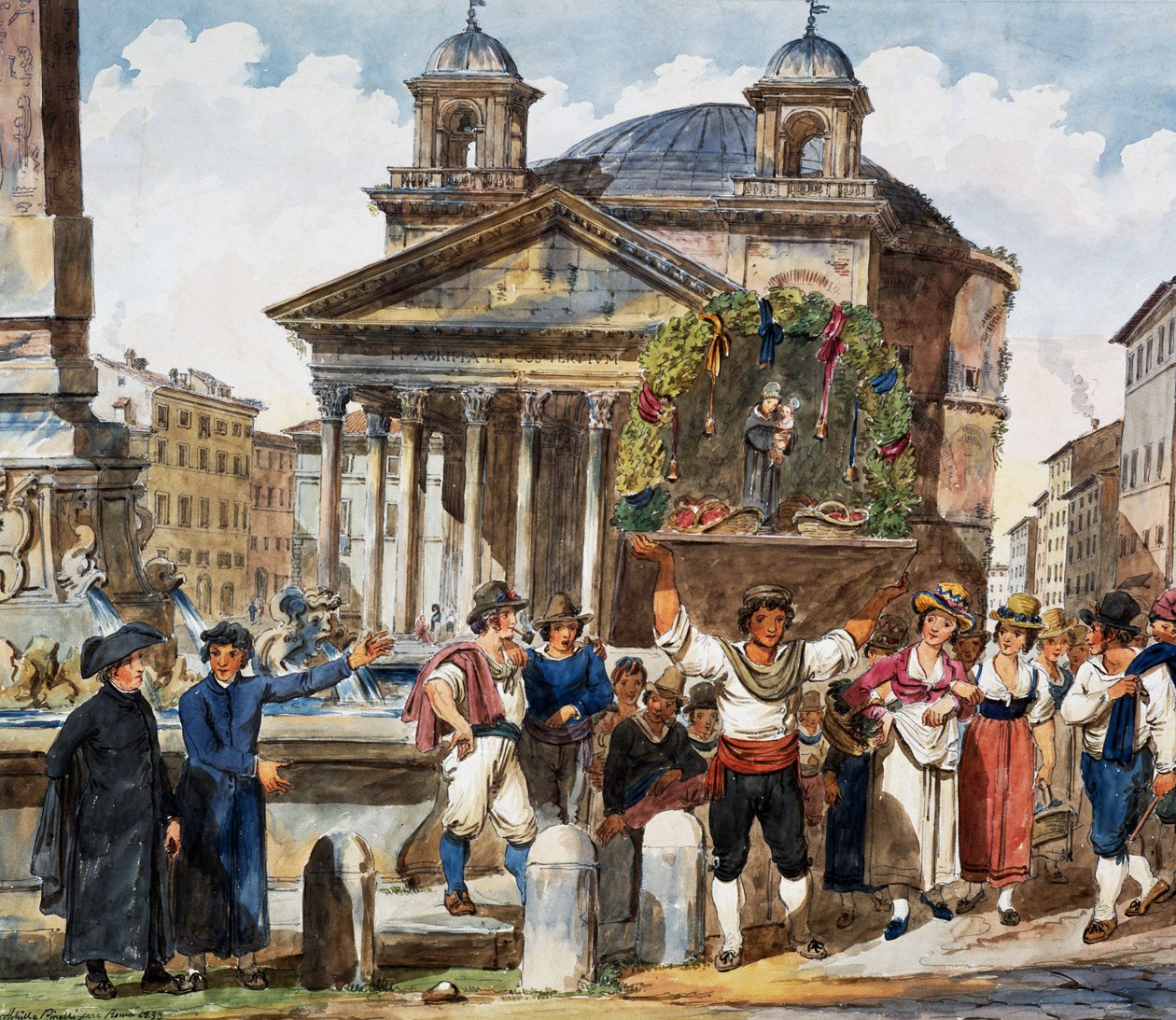 Festival Strawberry no Pantheon em Roma, Aquarela de Achille Pinelli (1809-1841), Itália de Achille Pinelli