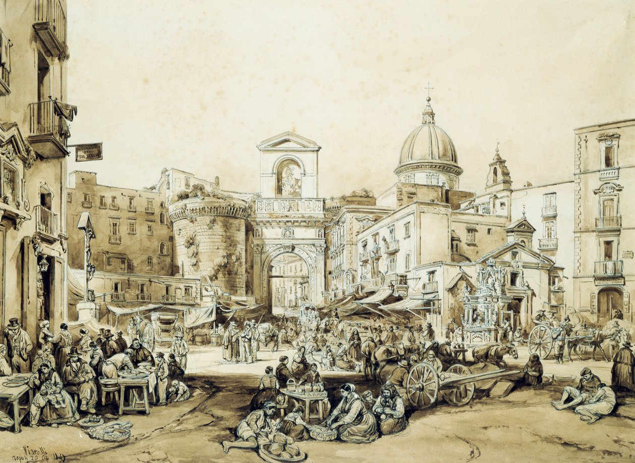 Porta Capuana em Nápoles, por Achille Vianelli (1803-1894), sépia, 43x60,5 cm de Achille Vianelli