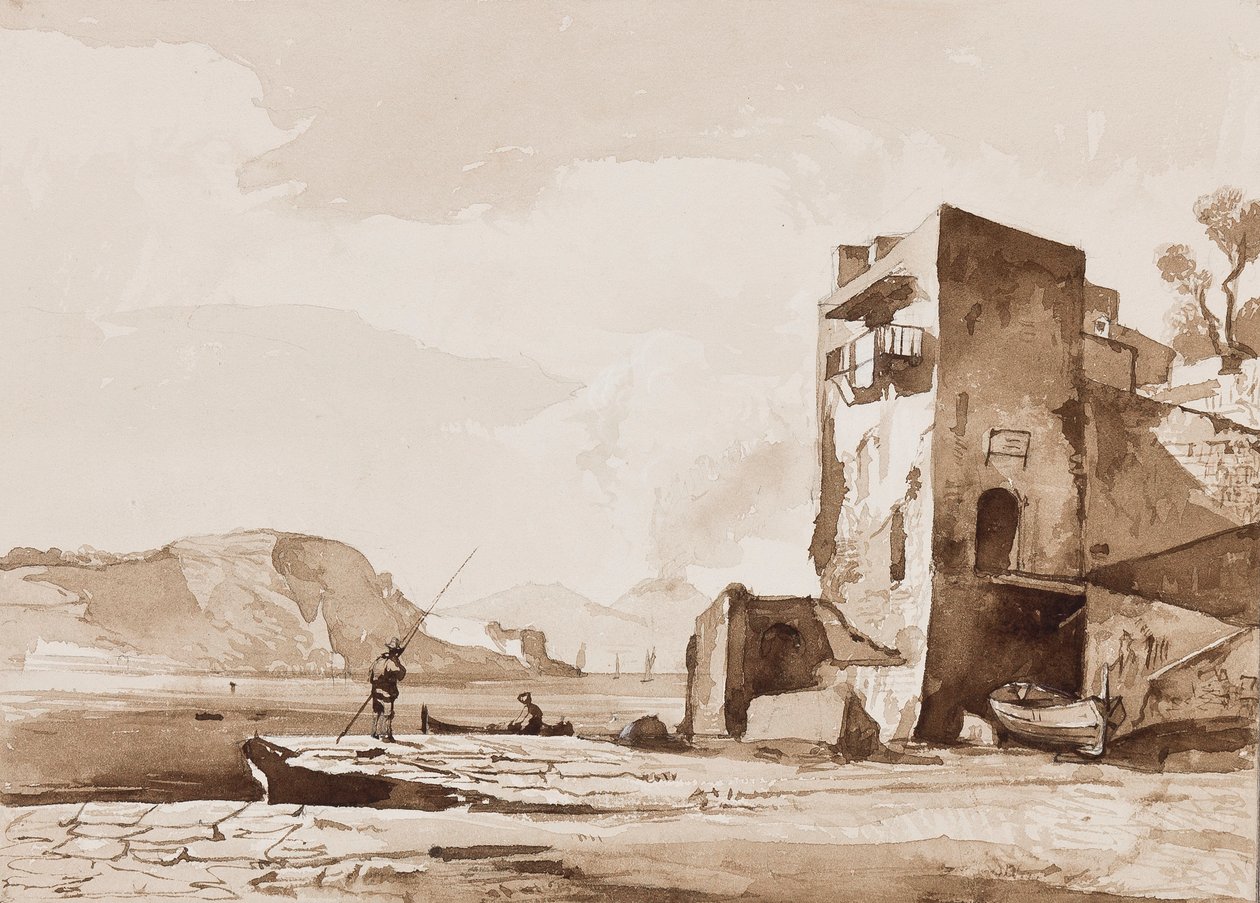 Possivelmente uma vista de Posillipo, com o Vesúvio à distância, com acréscimos de uma pupila Borbone (lápis e sépia lavados no papel) de Achille Vianelli