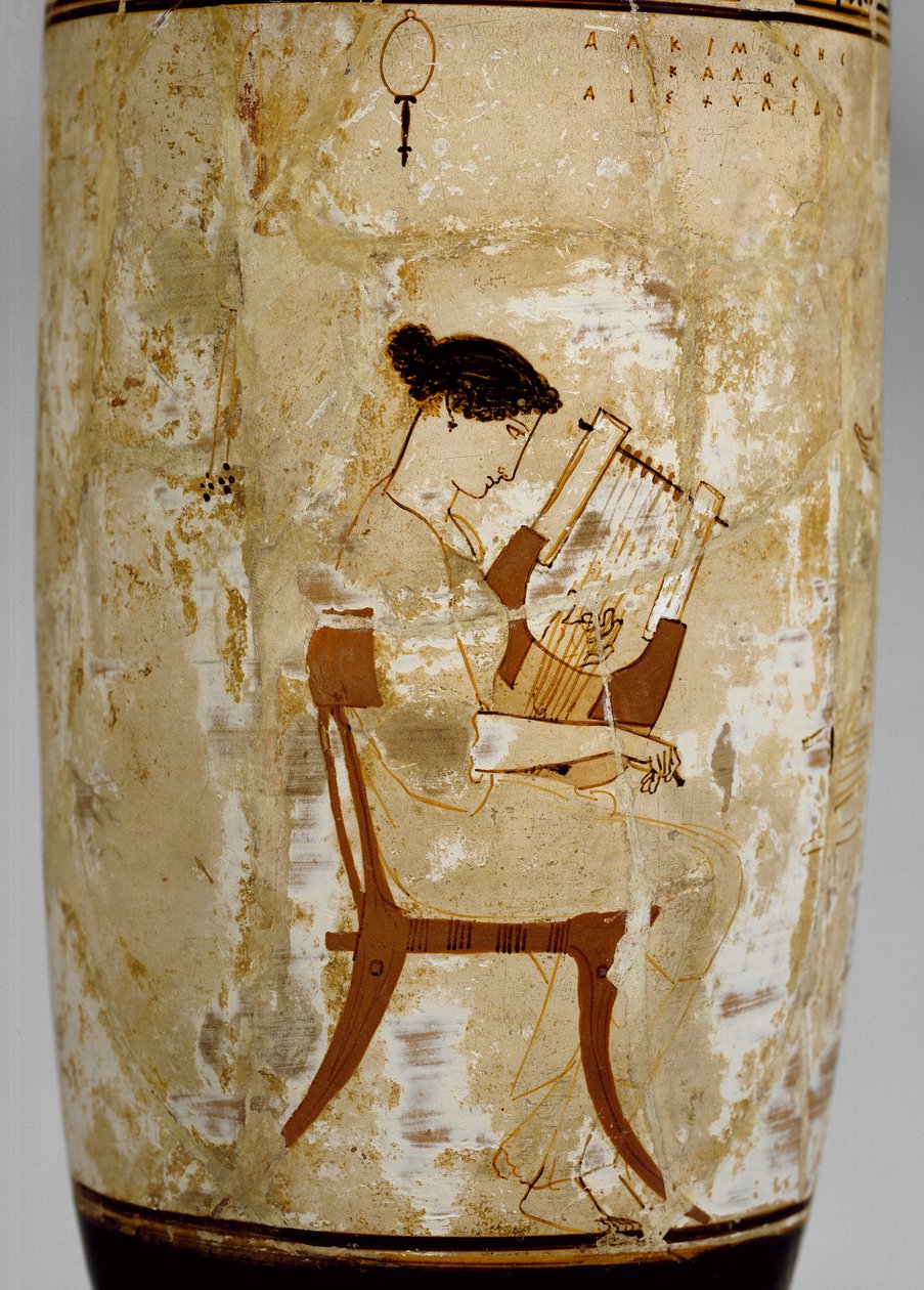 Lekythos de fundo branco ático com imagem de mulheres músicos, século 5 aC de Achilles Painter