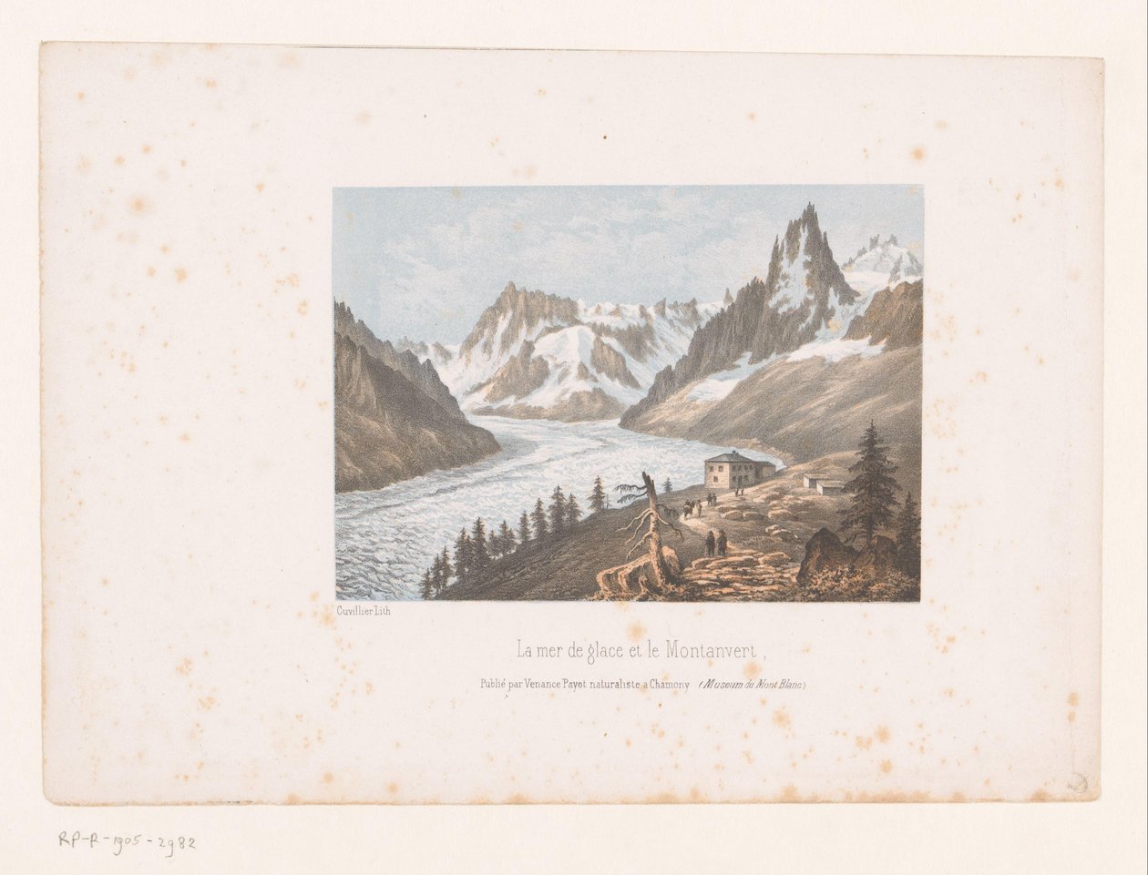 Vista da geleira Mer de Glace e Montanvert no vale de Chamonix La mer de glace et le Montanvert (título no objeto) Vistas do Mont Blanc e Chamonix (título da série) Museum du Mont Blanc (título da série no objeto) de Ad. Cuvillier
