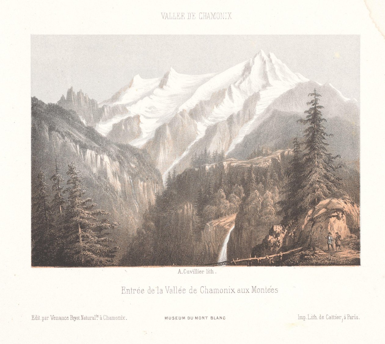 Vista de Chamonix com a geleira Mer-de-Glace e a Aiguille du Dru Chamonix, le Glacier des Bois, et le Dru (título do objeto) Memórias de Chamonix-Mont-Blanc (título da série) Museum du Mont-Blanc (título da série) de Ad. Cuvillier
