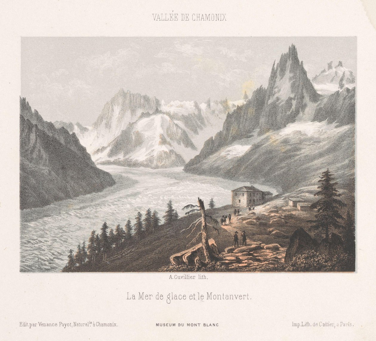 Vista de Le Chapeau no Mer-de-Glace geleira Le Chapeau (título no objeto) Memória de Chamonix-Mont-Blanc (título da série) Museum du Mont-Blanc (título da série no objeto) de Ad. Cuvillier
