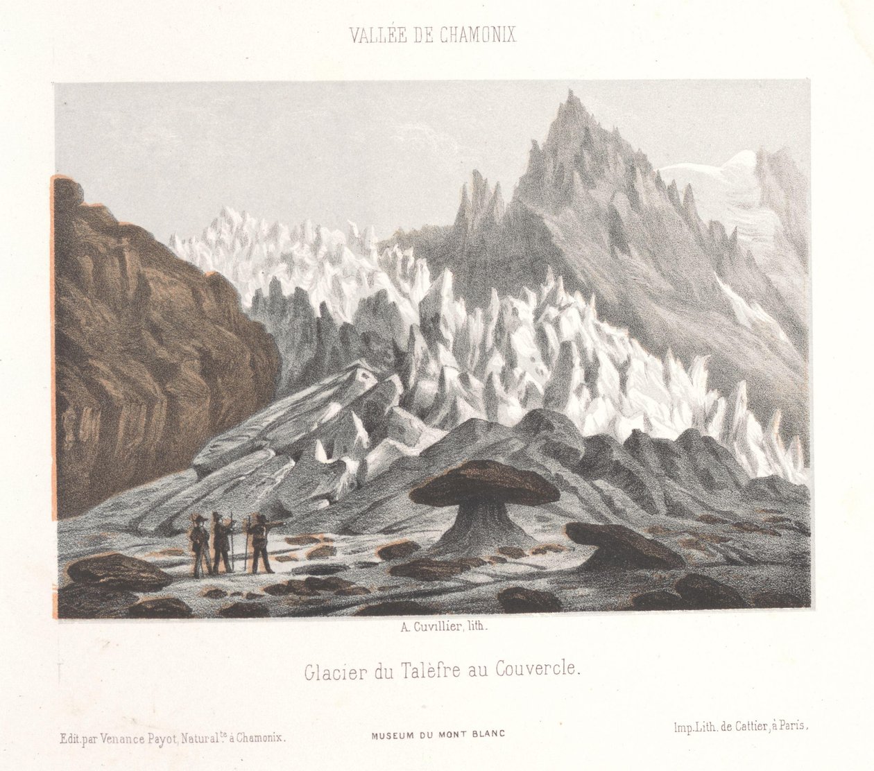 Zicht op de Couvercle-steen bij de Talèfre-gletsjer
Glaciar du Talèfre au Couvercle (título sobre o objecto)
Herinnering aan Chamonix-Mont-Blanc (título da série)
Museum du Mont-Blanc (título da série sobre o objecto) de Ad. Cuvillier
