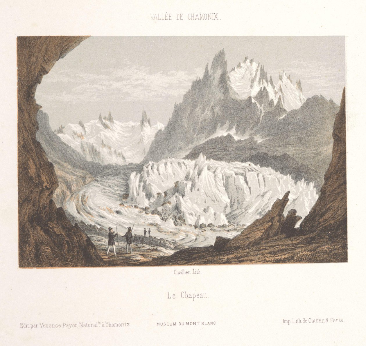 Zicht op de gletsjer Mer-de-Glace bij Les Bois en Les Tines
Claciers des Bois, de Les Tines (título sobre o objecto)
Herinnering aan Chamonix-Mont-Blanc (título da série)
Museum du Mont-Blanc (título da série) de Ad. Cuvillier