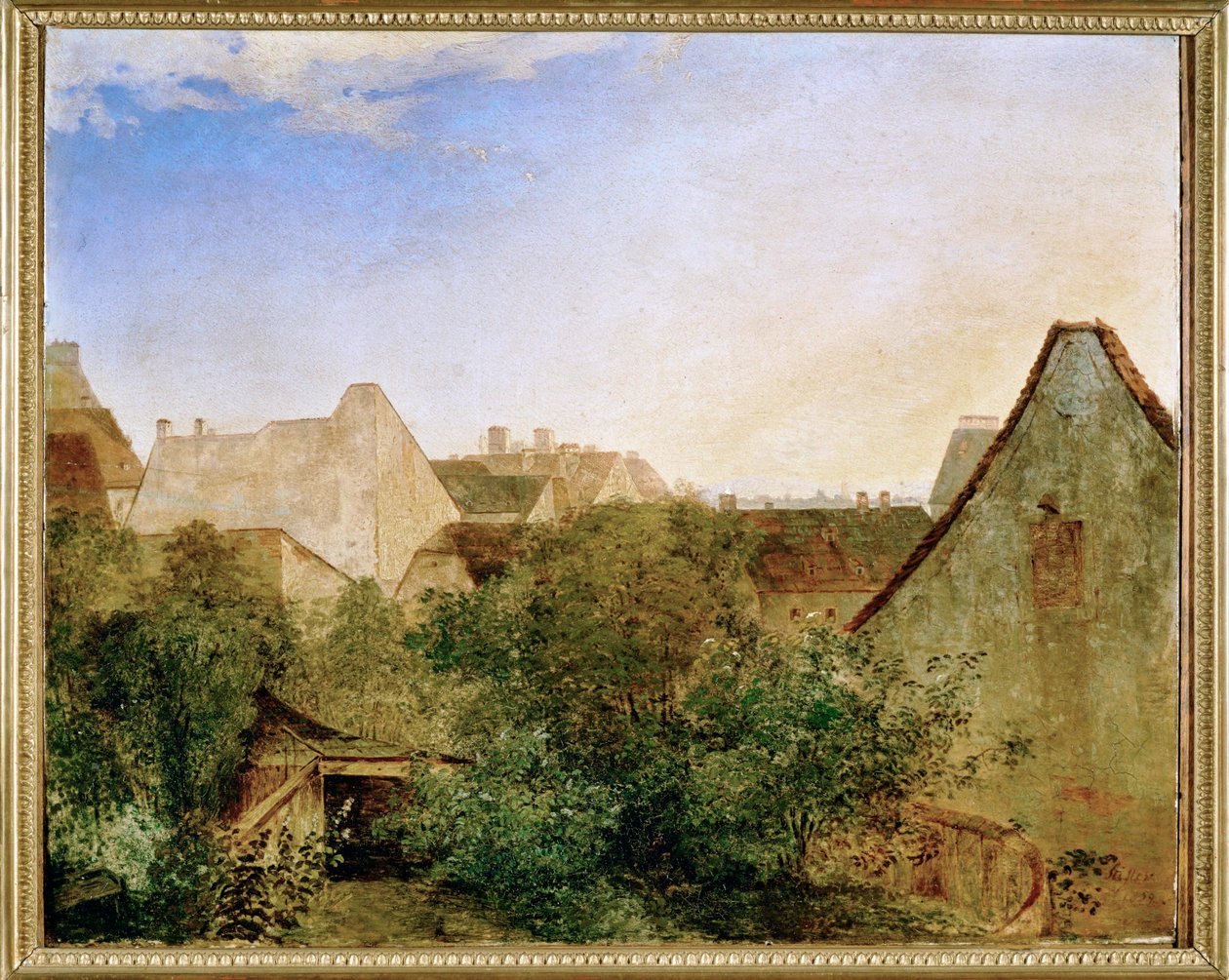 Blick ueber Wiener Vorstadthaeuser - Uma vista sobre os subúrbios de Viena ... (pintura sobre madeira) de Adalbert Stifter