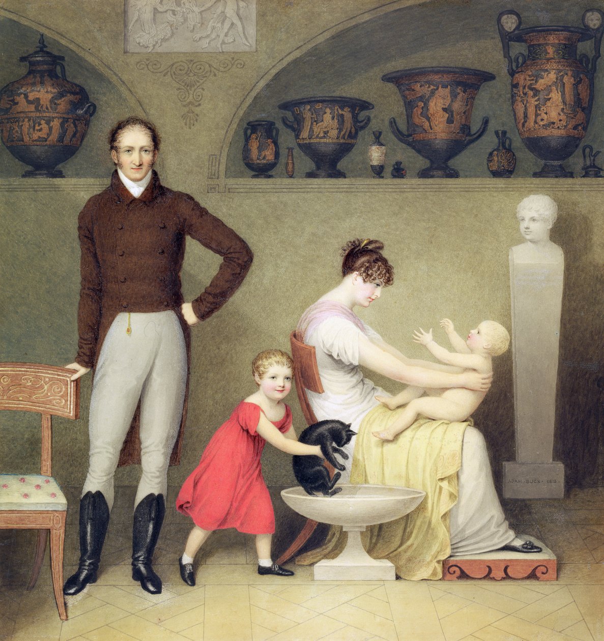 O Artista e sua Família, 1813 (wc e grafite no cartão) de Adam Buck