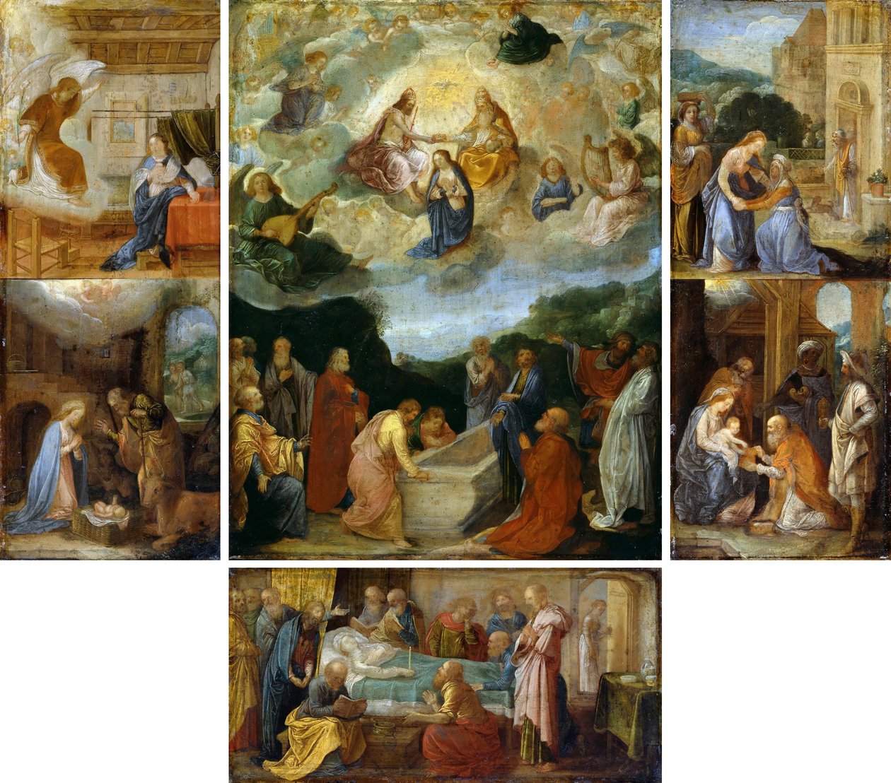 Altar da casa com seis cenas da vida da Virgem Maria de Adam Elsheimer