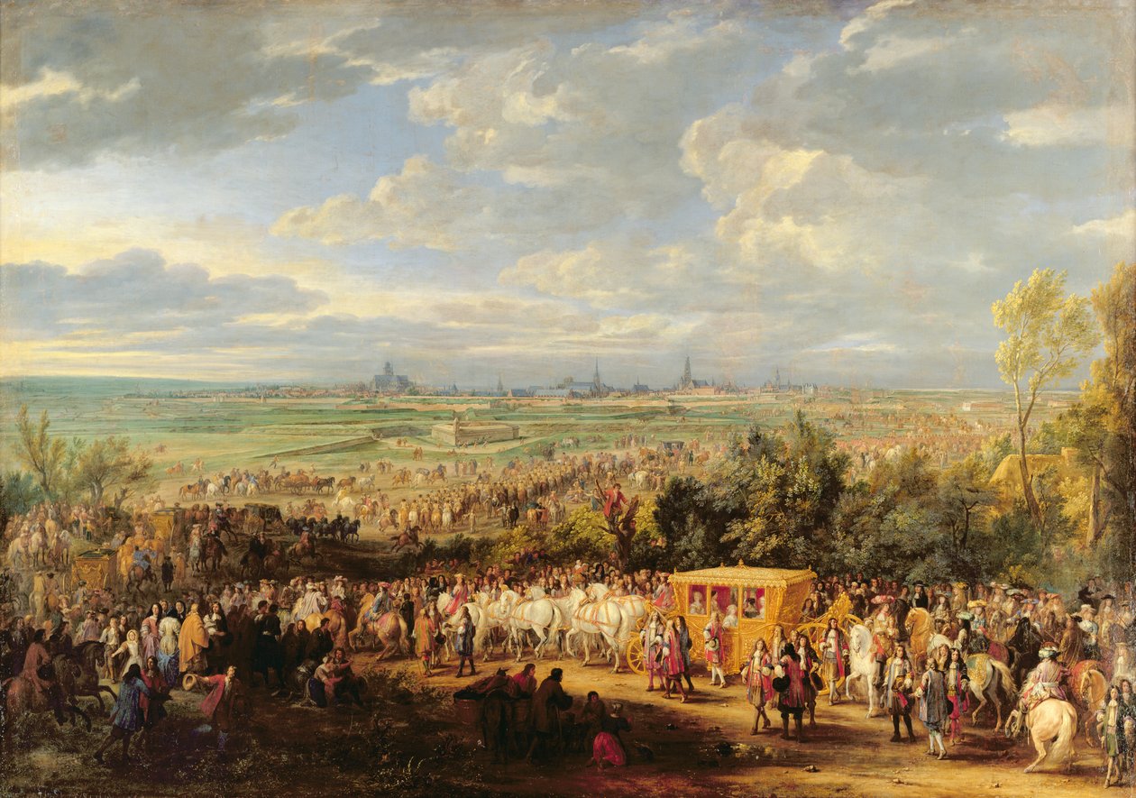 A entrada de Louis XIV (1638-1715) e Marie-Therese (1638-83) da Áustria em Arras, 30 de julho de 1667, c.1685 de Adam Frans van der Meulen