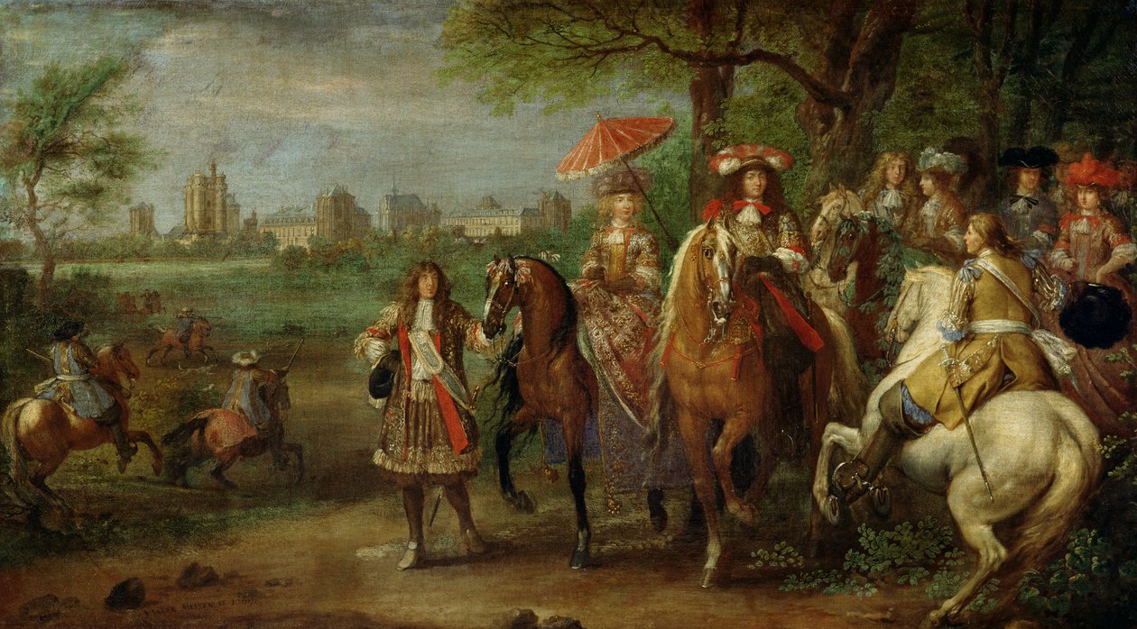 Vista do Chateau de Vincennes com Luís XIV (1638-1715) e Maria Teresa (1638-83) da Áustria, 1669 de Adam Frans van der Meulen