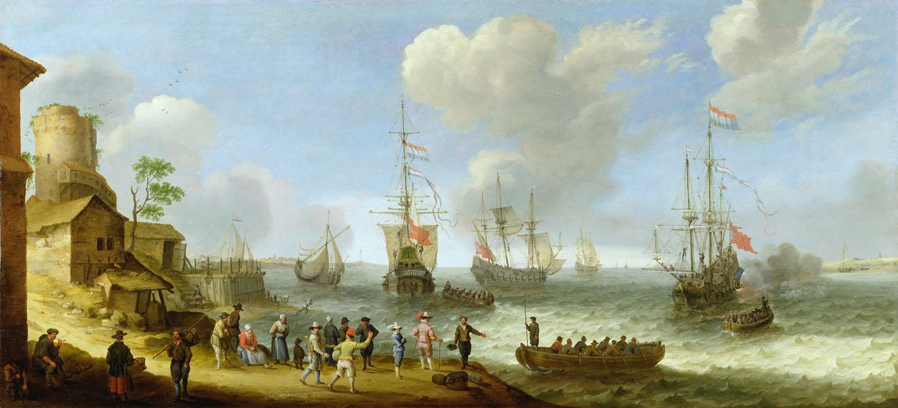 Navios de guerra holandeses em um estuário de Adam Willaerts