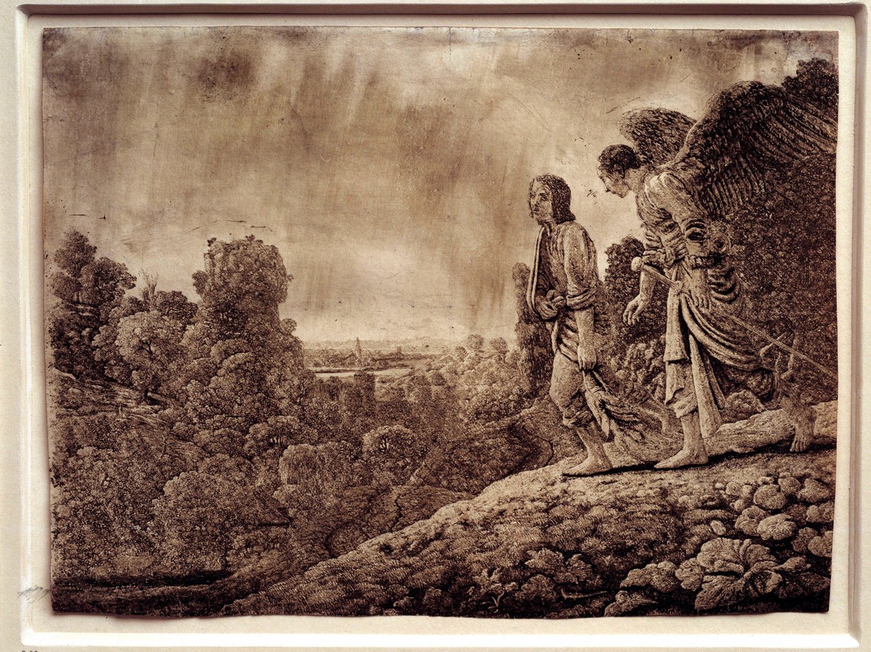 Tobie e o anjo. Água Forte sobre Cobre de Hércules Seghers (1590-1638) de Adam (after) Elsheimer