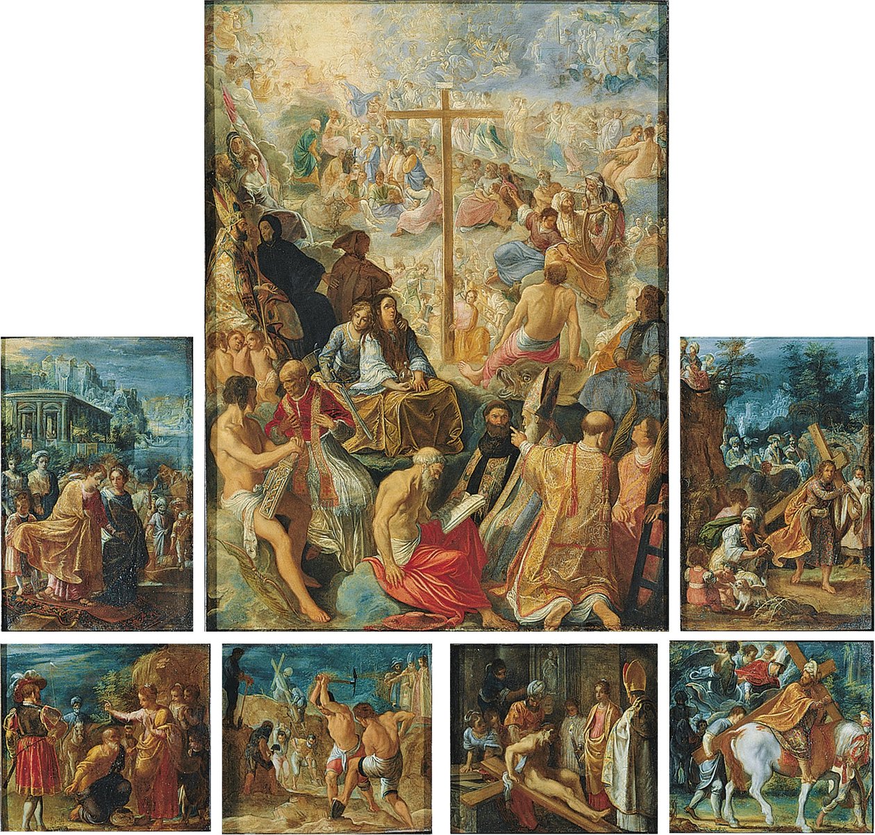 Alemão: Der Frankfurter Kreuzaltar (Die Auffindung und Verherrlichung des Wahren Kreuzes) O retábulo de Frankfurt da Santa Cruz de Adam Elsheimer