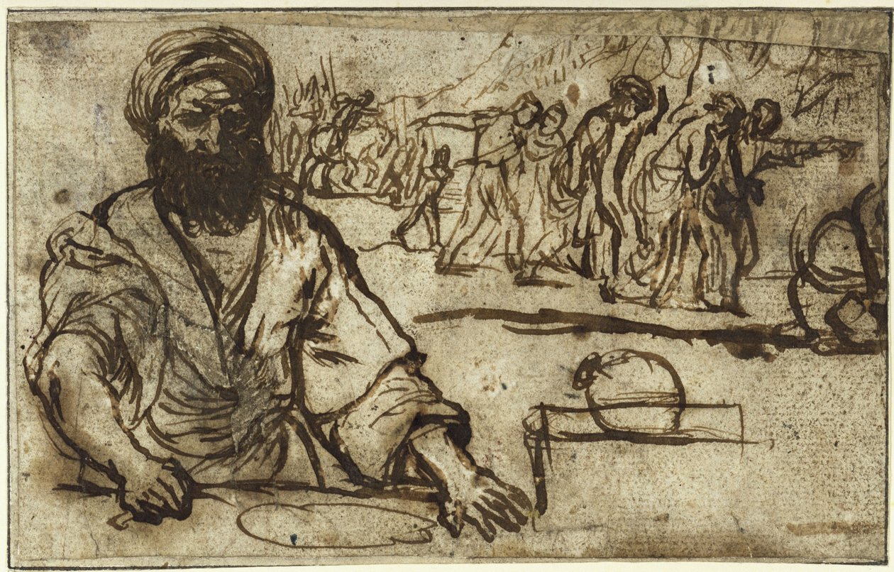 Homem barbudo sentado, com uma procissão de pessoas e cavaleiros ao fundo de Adam Elsheimer
